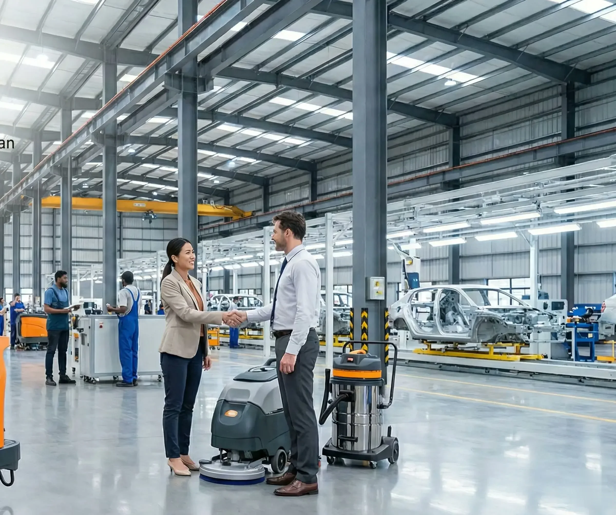 Imprexiv technicians with a ride-on floor scrubber at a Selangor site